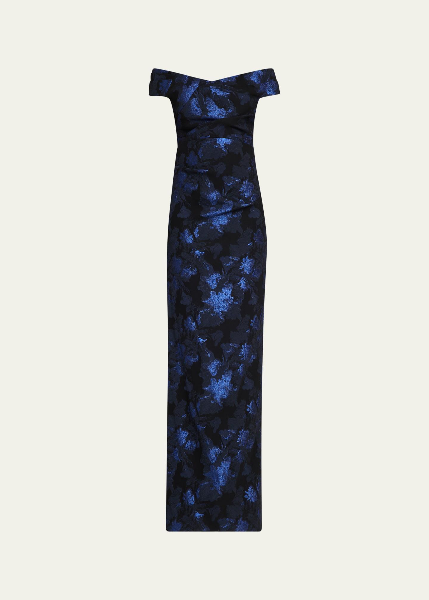 Rickie Freeman for Teri Jon Off-Shoulder Metallic Jacquard Column Gown ...