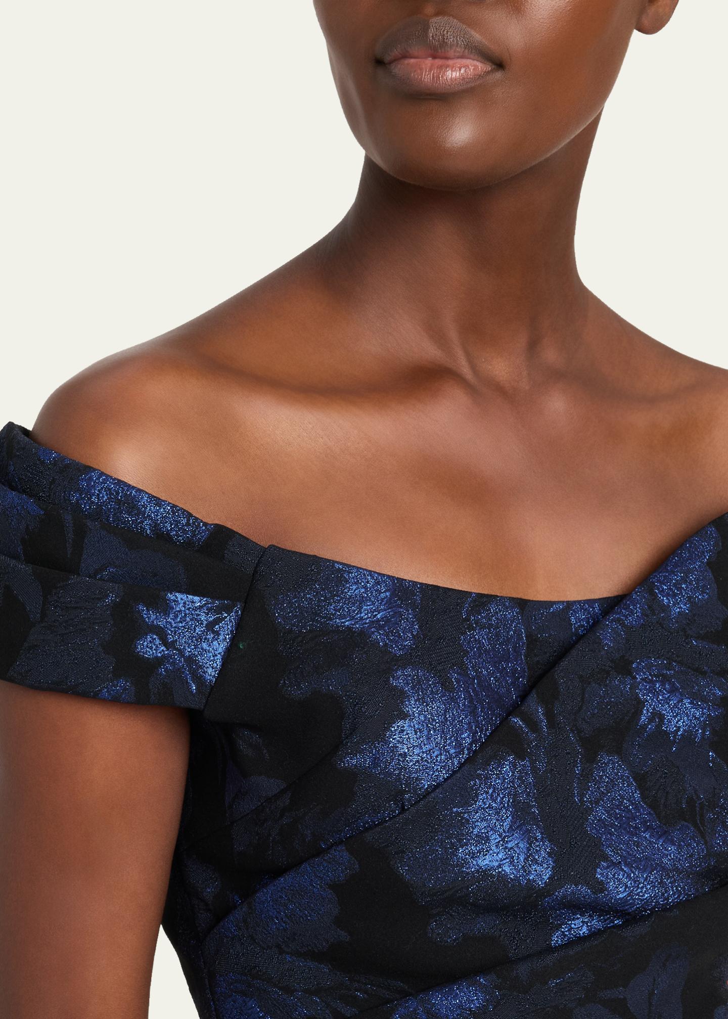 Rickie Freeman for Teri Jon Off-Shoulder Metallic Jacquard Column Gown ...