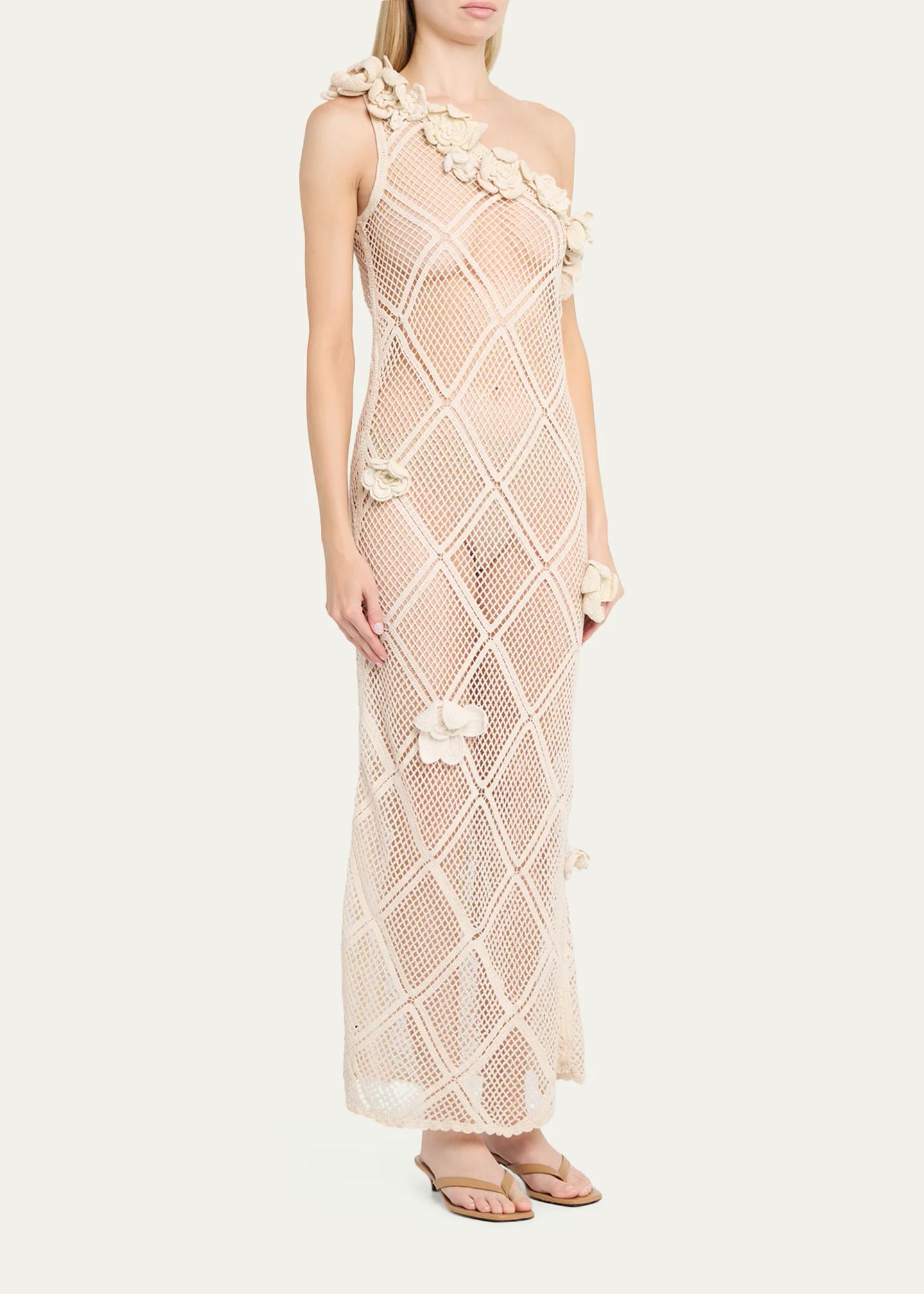 jw anderson crochet dress Floral One-Shoulder Net Knit Ankle pink rose print Stretch Cotton Sateen - COLOR:Orange woven fabric with an Crochet pattern