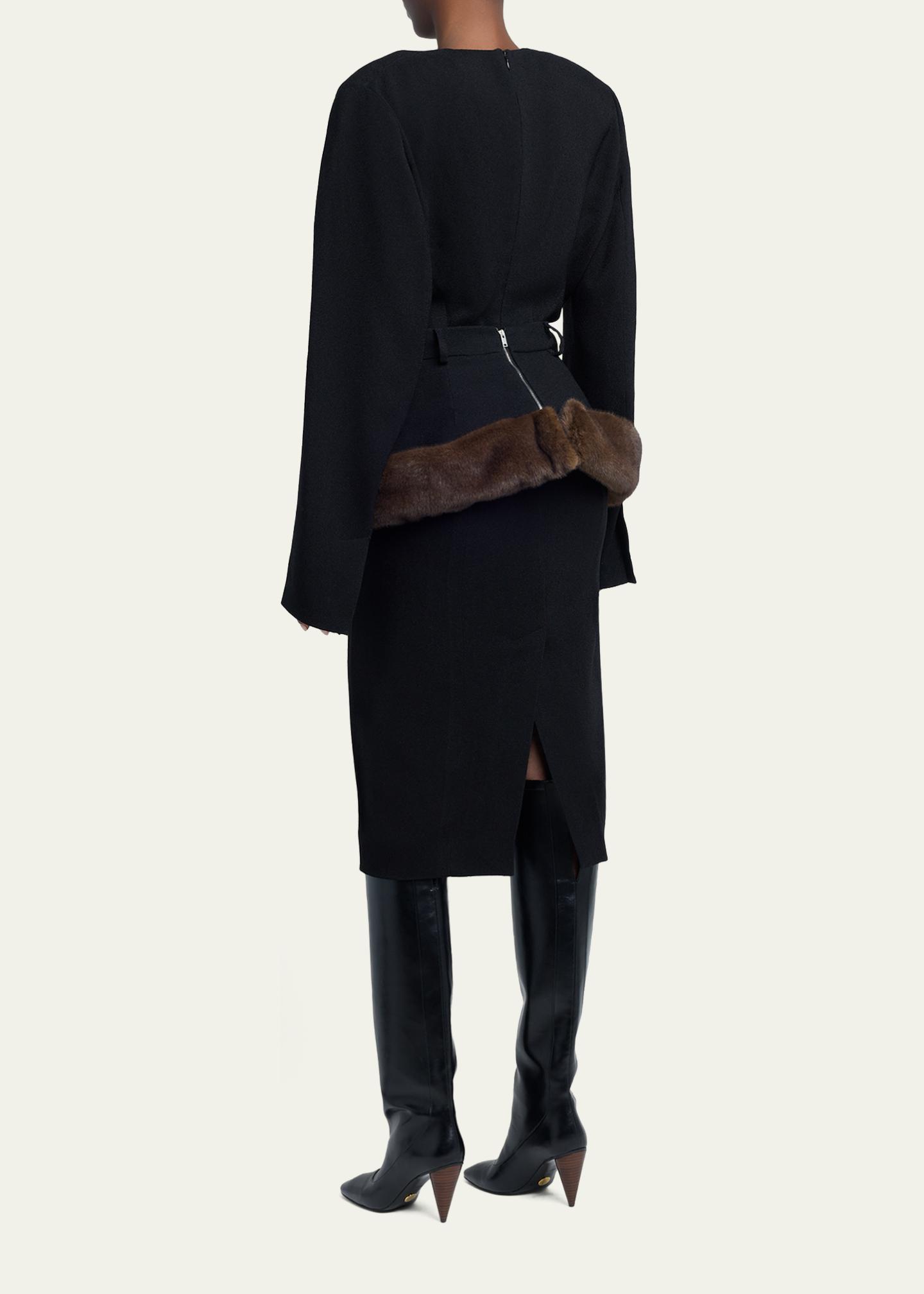 Stella McCartney Long-Sleeve Belted Faux-Fur Peplum Midi Dress