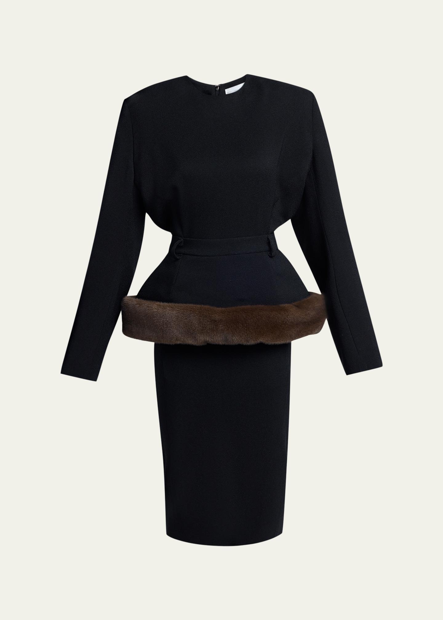 Stella McCartney Long-Sleeve Belted Faux-Fur Peplum Midi Dress
