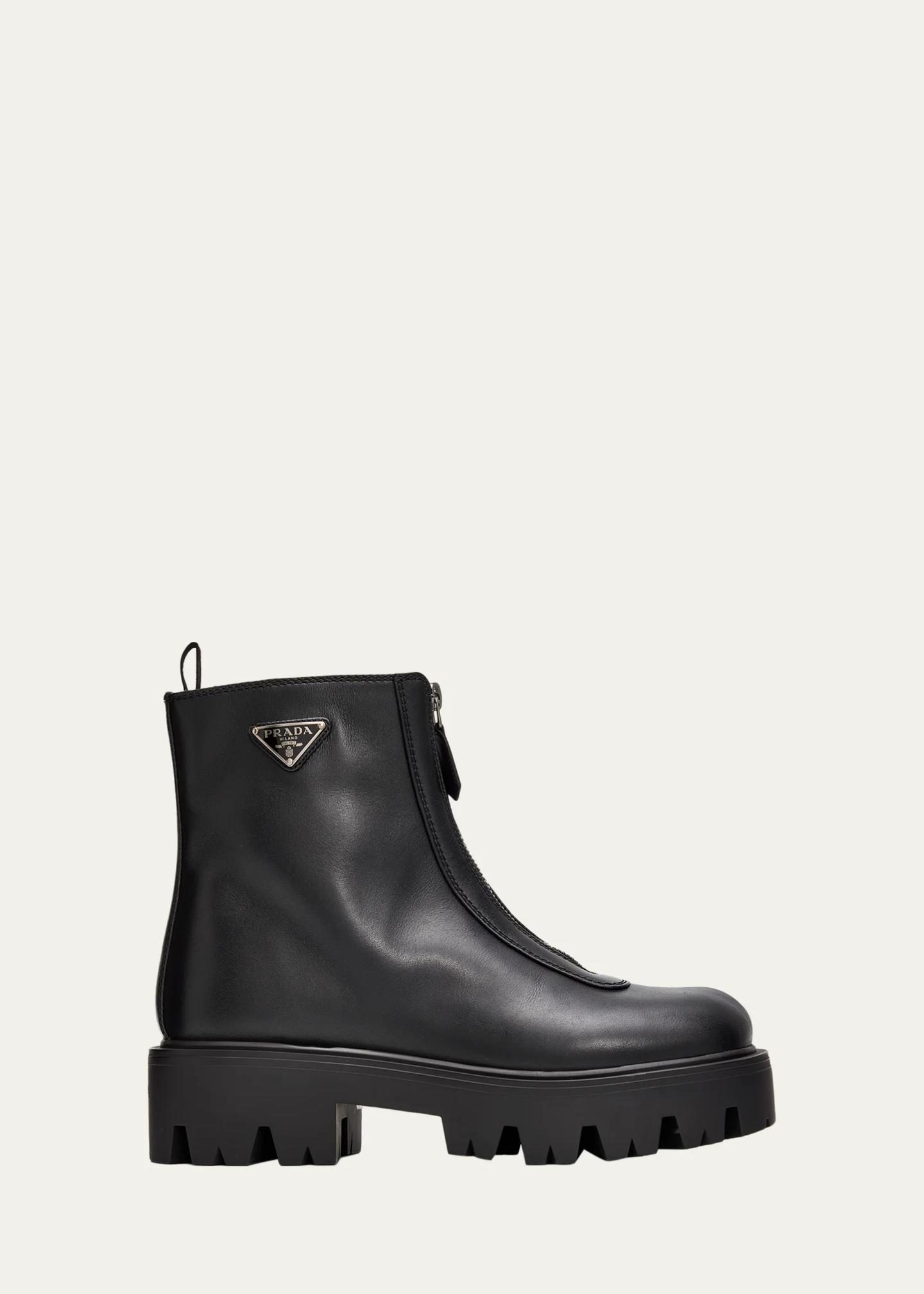 Prada 50mm Triangle Logo Leather Zip-Front Platform Ankle Boots ...