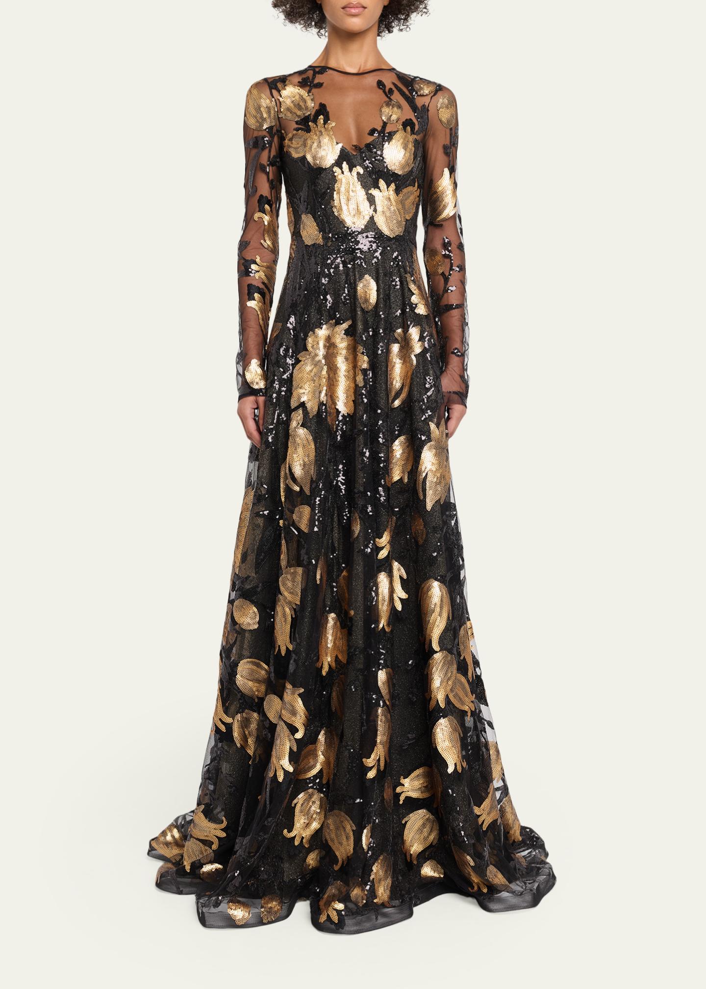 naeem khan gold dress Floral Sequined Long-Sleeve Illusion Gown Embroidered bolero