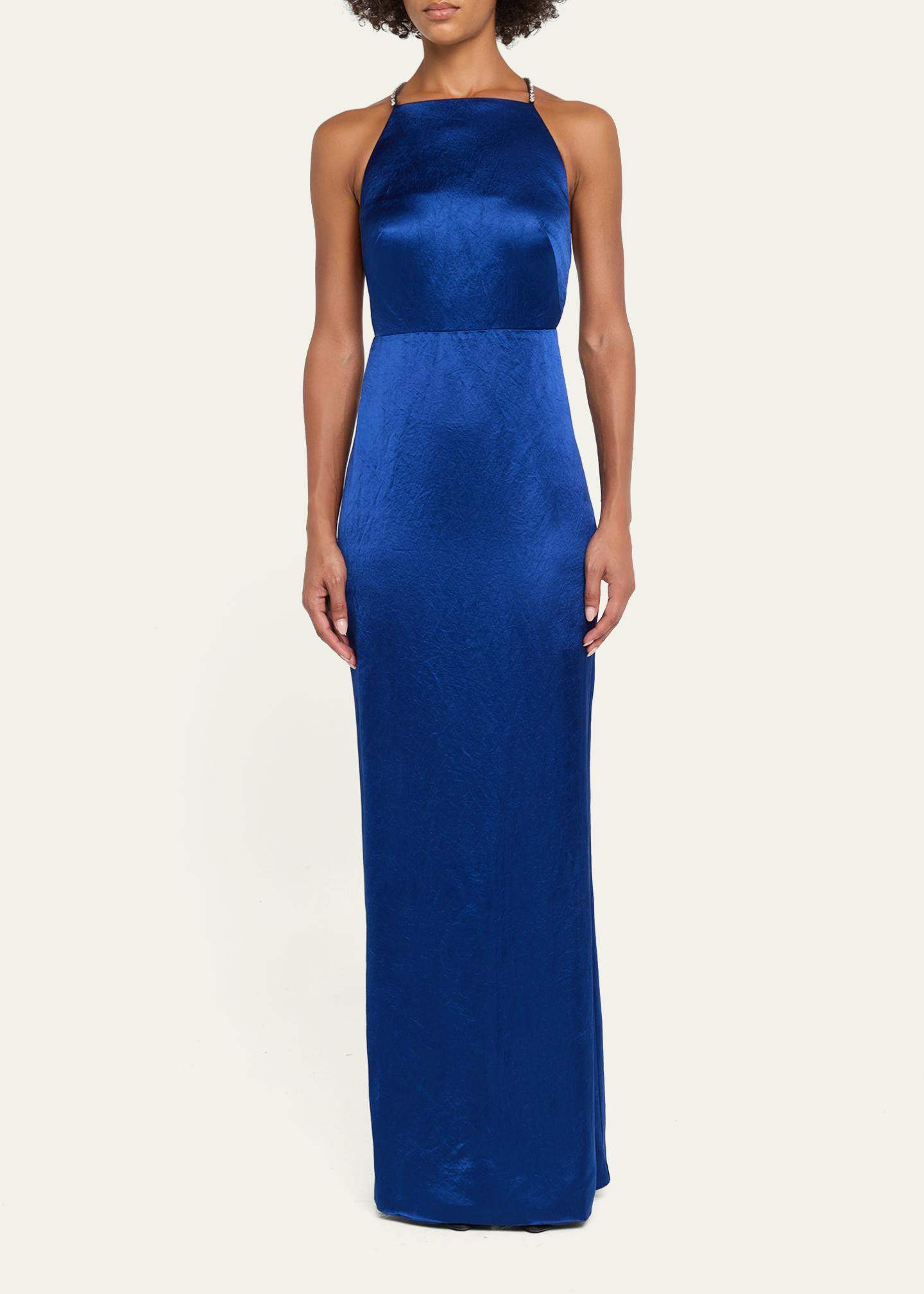jason wu blue dress Collection Crystal Strappy Backless Satin Apron Gown Round neck and long