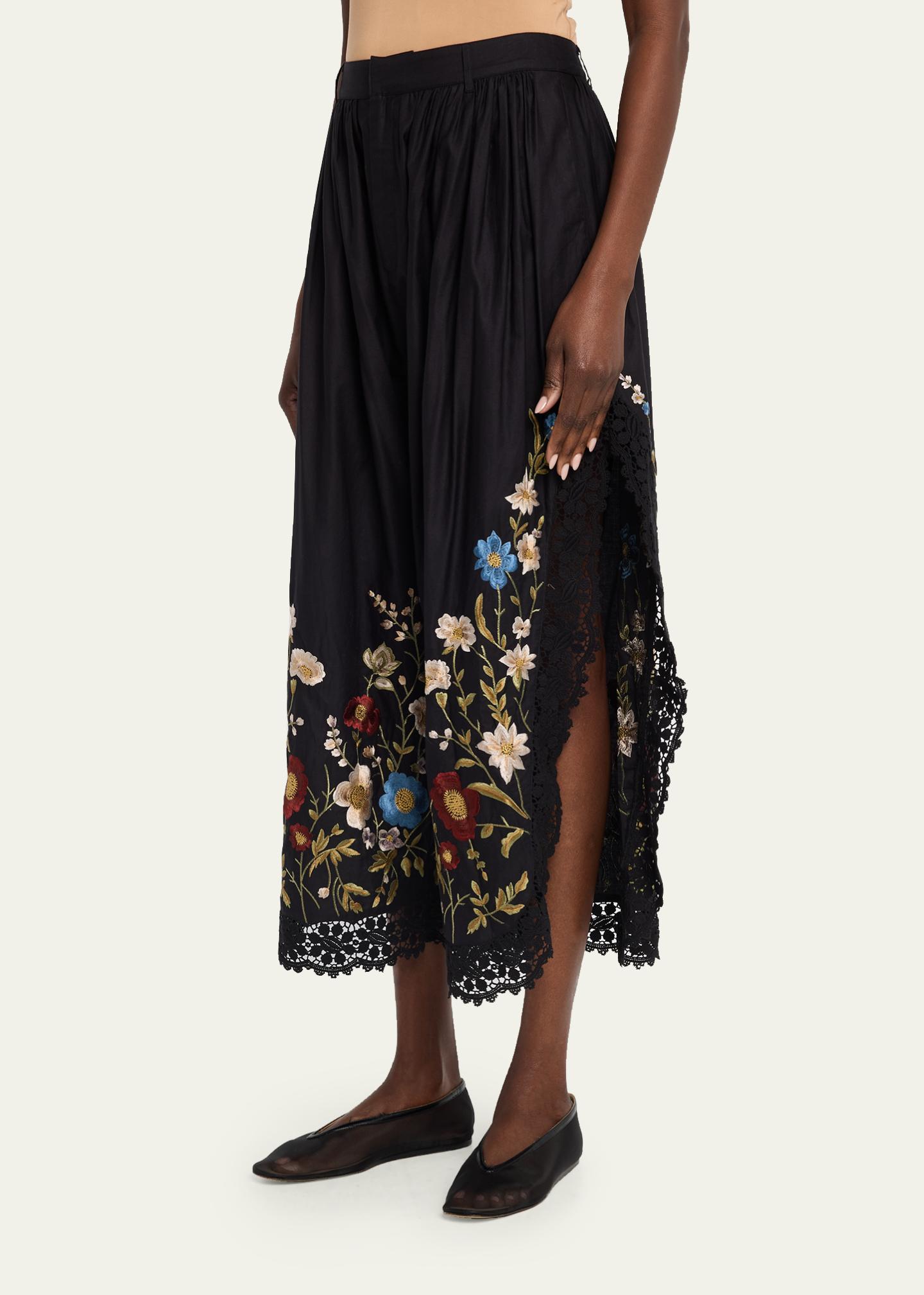 Sea Floral Embroidered Cotton & Lace Wide-Leg Culotte Pants