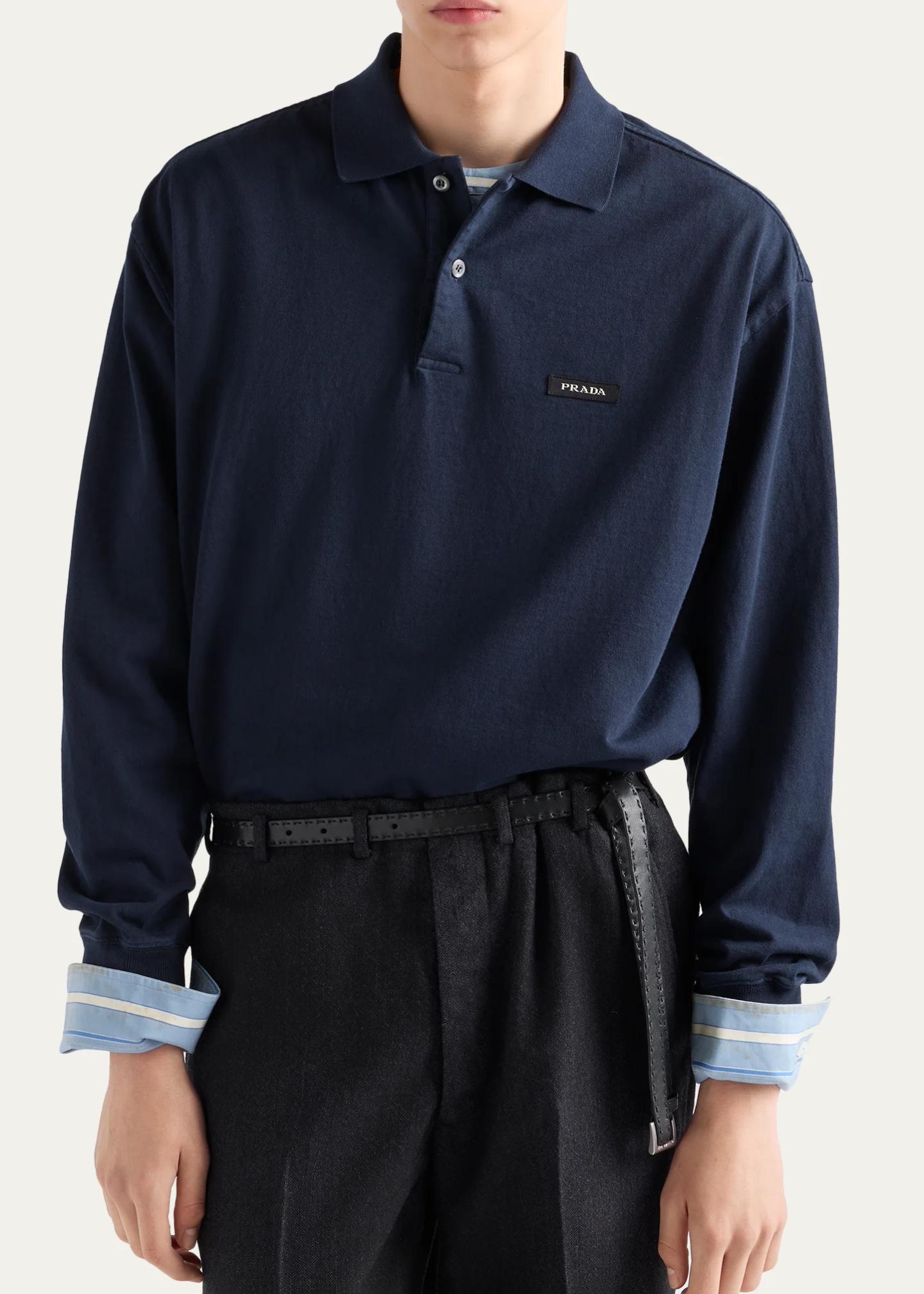 Prada Men's Long-Sleeved Cotton Polo Shirt - Bergdorf Goodman