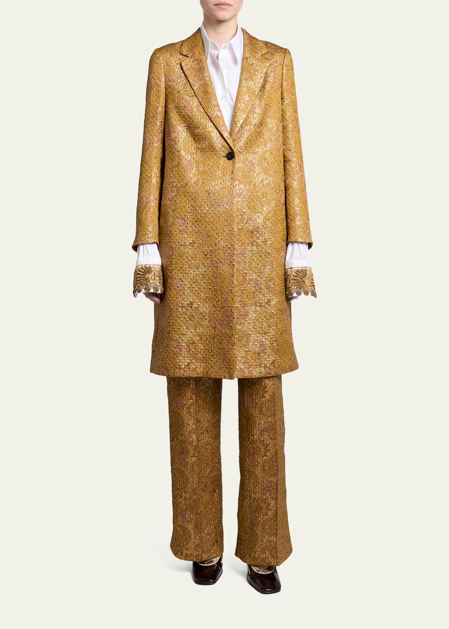 Dries Van Noten Metallic Paisley Jacquard Single-Breasted Long