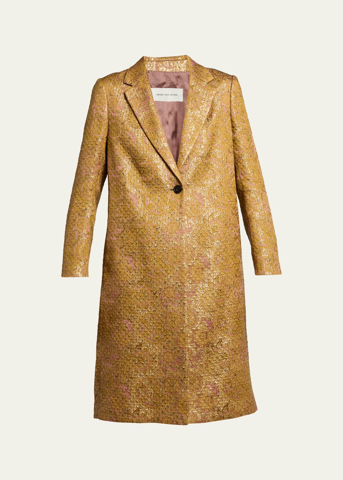 Dries Van Noten Metallic Paisley Jacquard Single-Breasted Long
