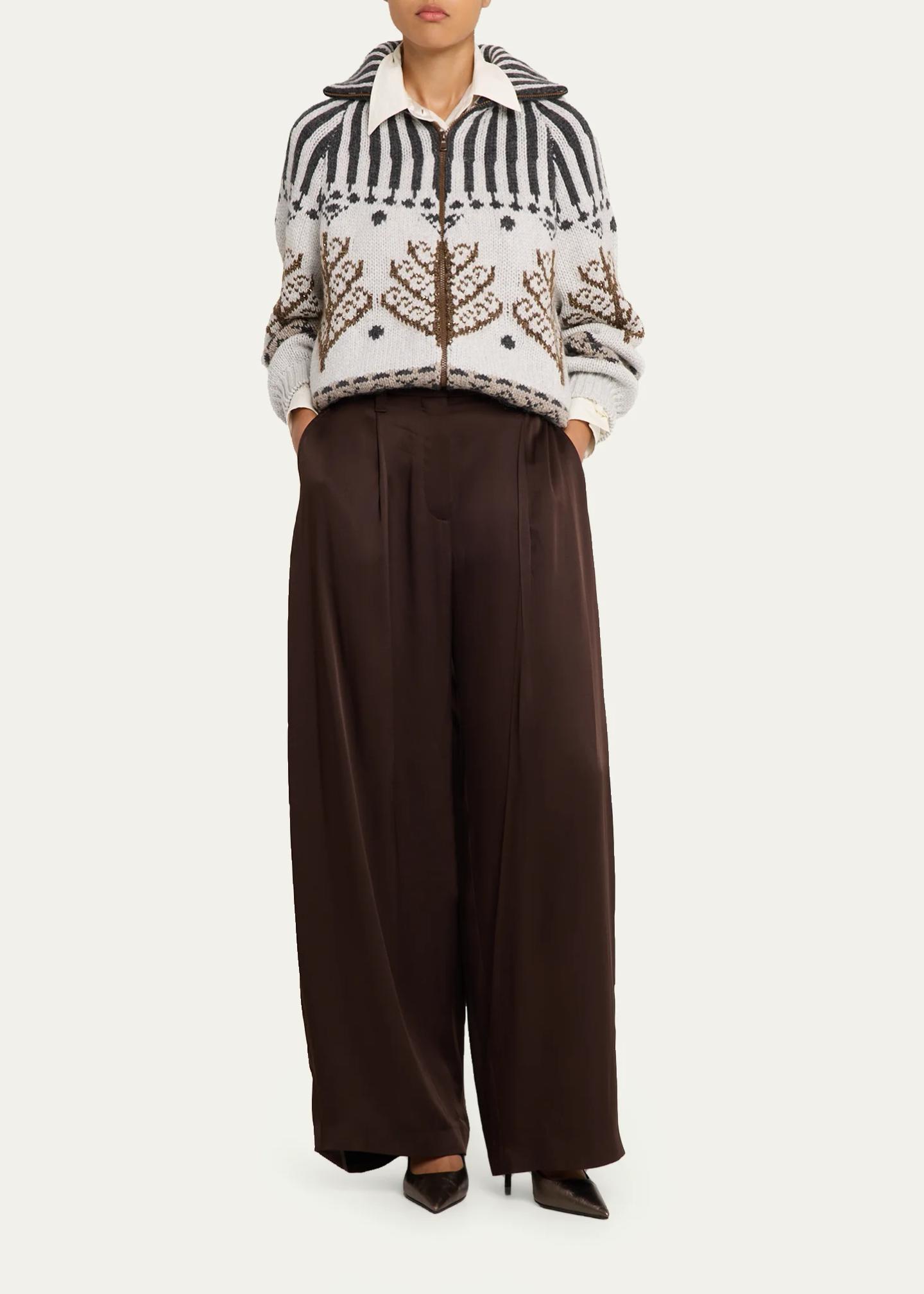 Brunello Cucinelli Fluid Silk Satin Pleated Soft Barrel-Leg Pants ...