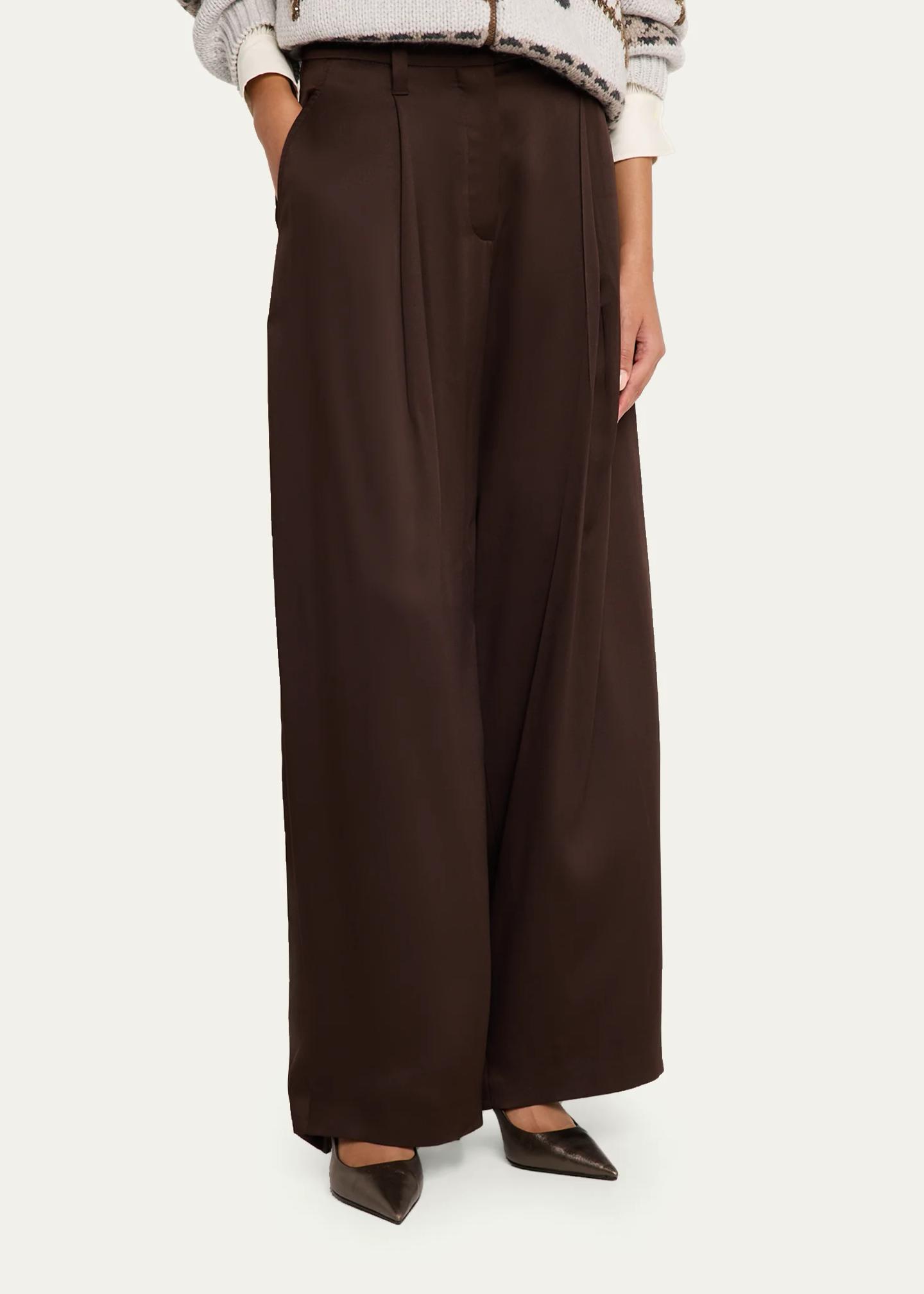 Brunello Cucinelli Fluid Silk Satin Pleated Soft Barrel-Leg Pants ...