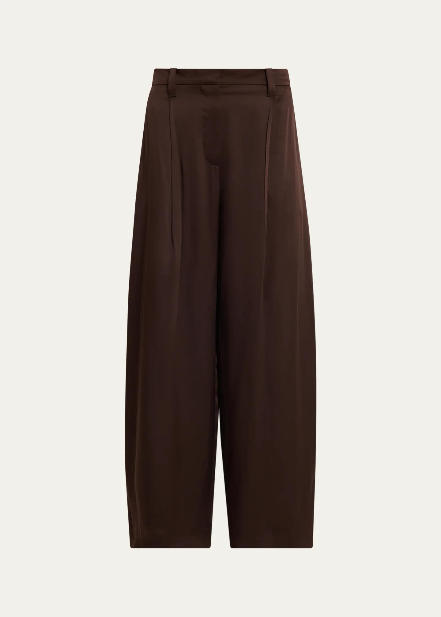 Brunello Cucinelli Fluid Silk Satin Pleated Soft Barrel-Leg Pants ...