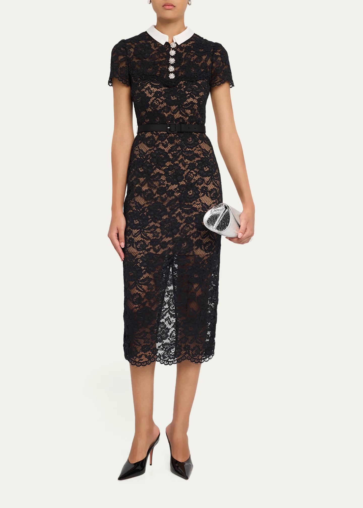 self portrait knee length dress Self-Portrait Lace Contrast Collar Midi Dress, Black, Women's, 8 Womens dresses