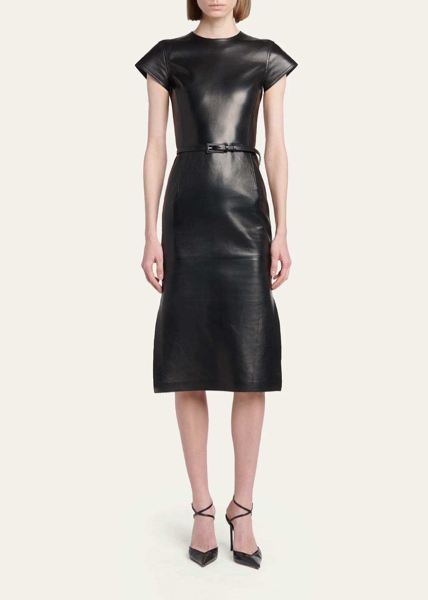 tom ford leather dress Short-Sleeve Silky Guanteria Lambskin Asymmetric Midi Black