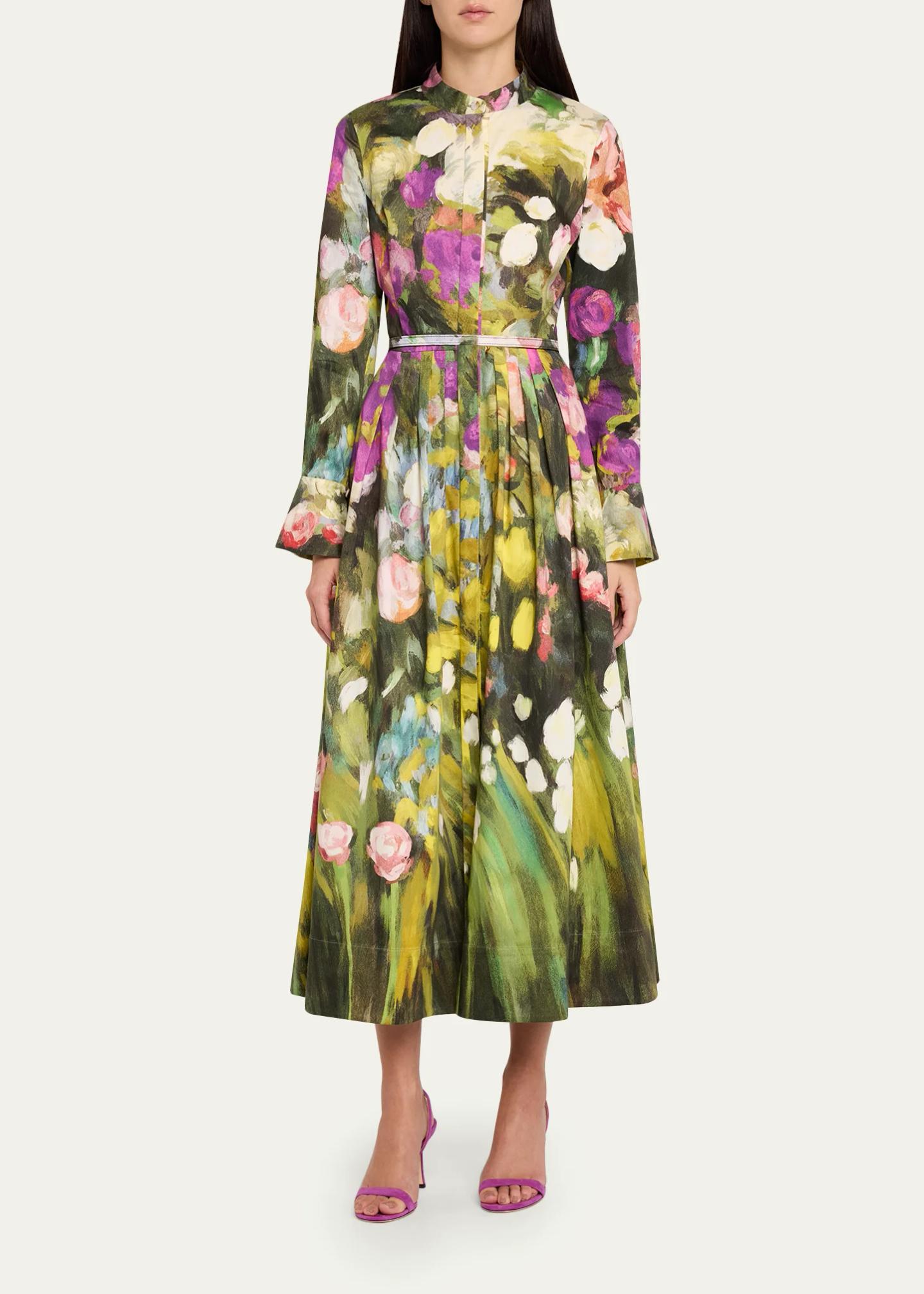 Oscar de la Renta Abstract Garden Cotton Poplin Pleated Midi Day Dress ...
