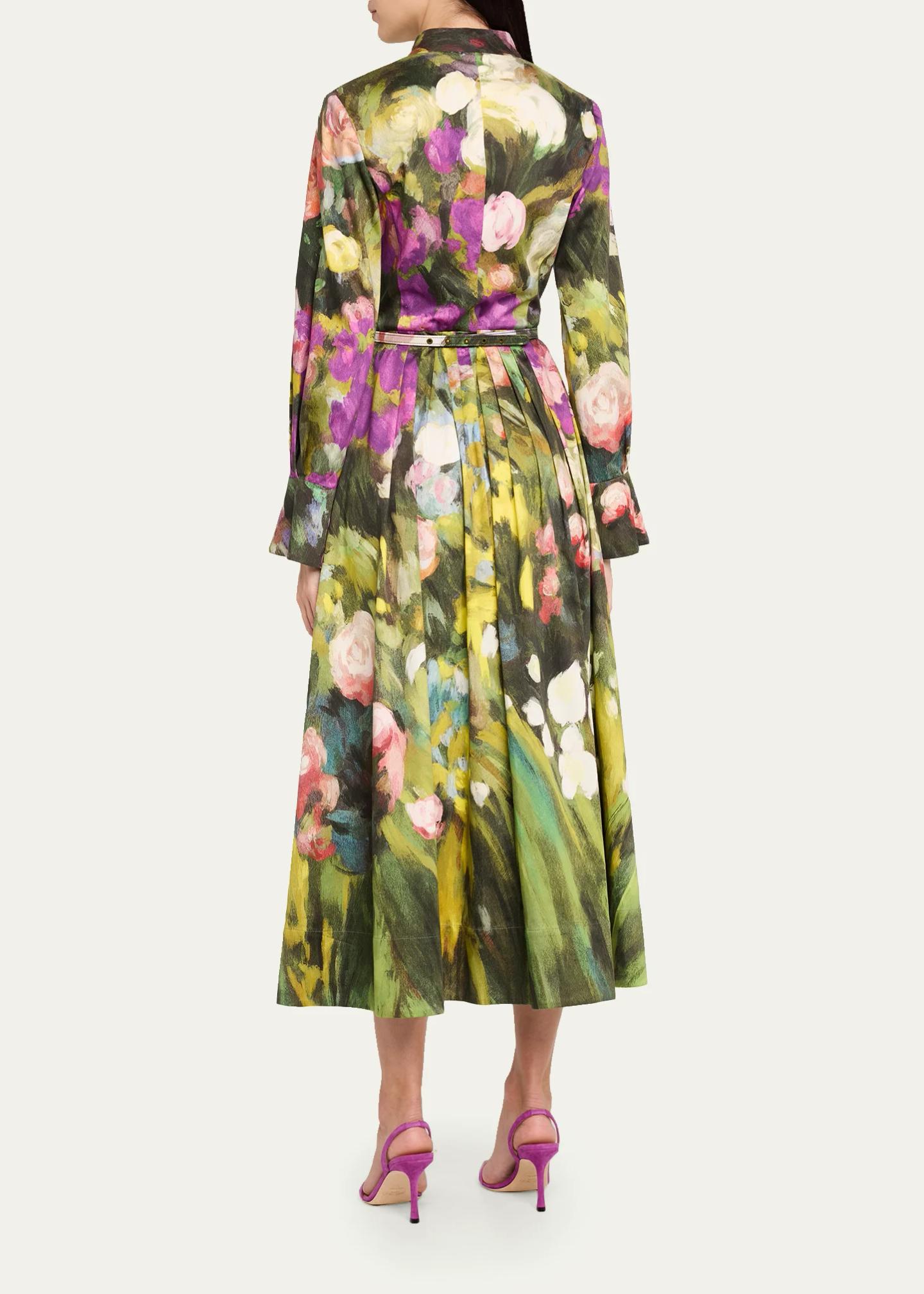 Oscar de la Renta Abstract Garden Cotton Poplin Pleated Midi Day Dress ...