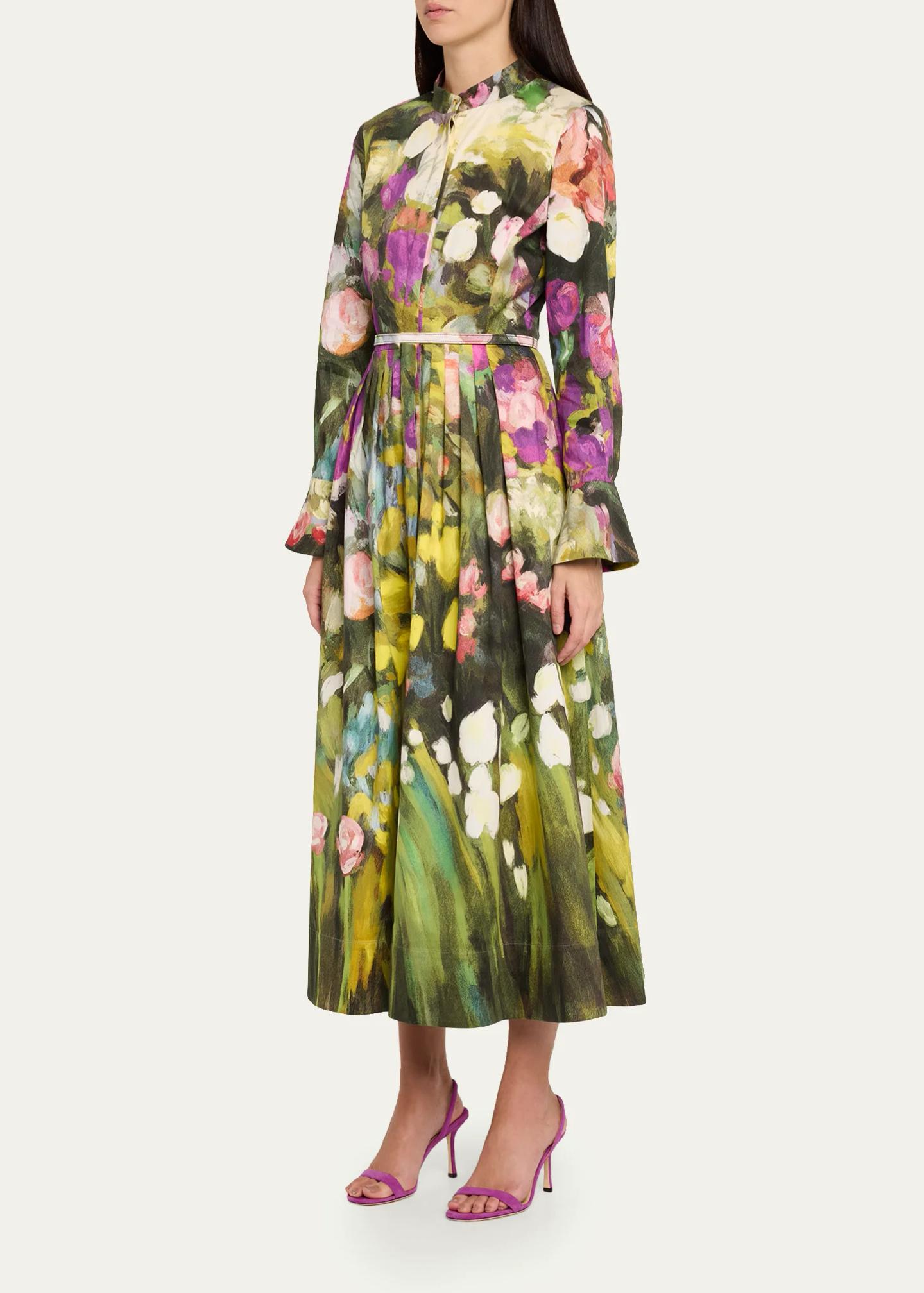Oscar de la Renta Abstract Garden Cotton Poplin Pleated Midi Day Dress ...