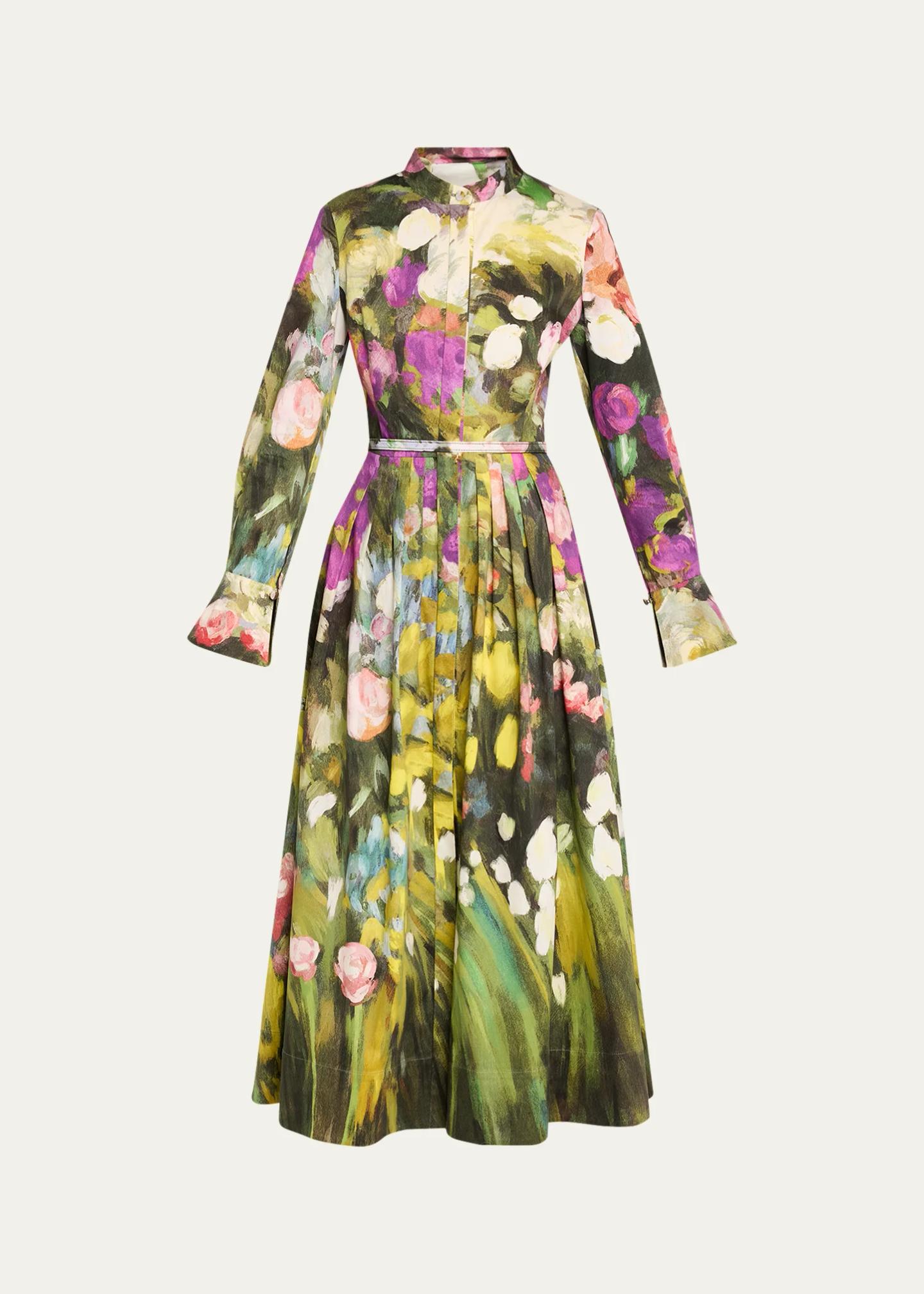 Oscar de la Renta Abstract Garden Cotton Poplin Pleated Midi Day Dress ...