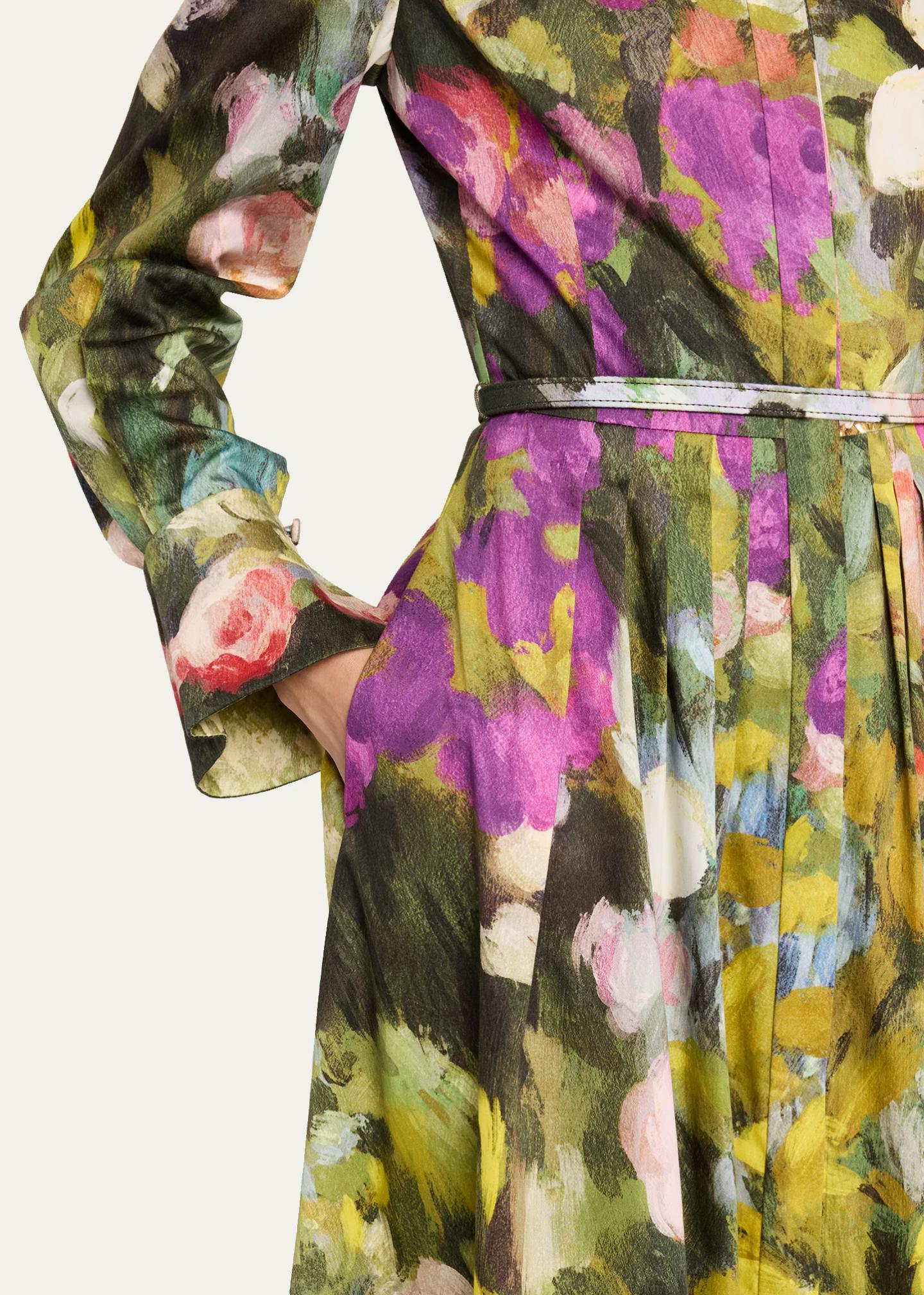 Oscar de la Renta Abstract Garden Cotton Poplin Pleated Midi Day Dress ...