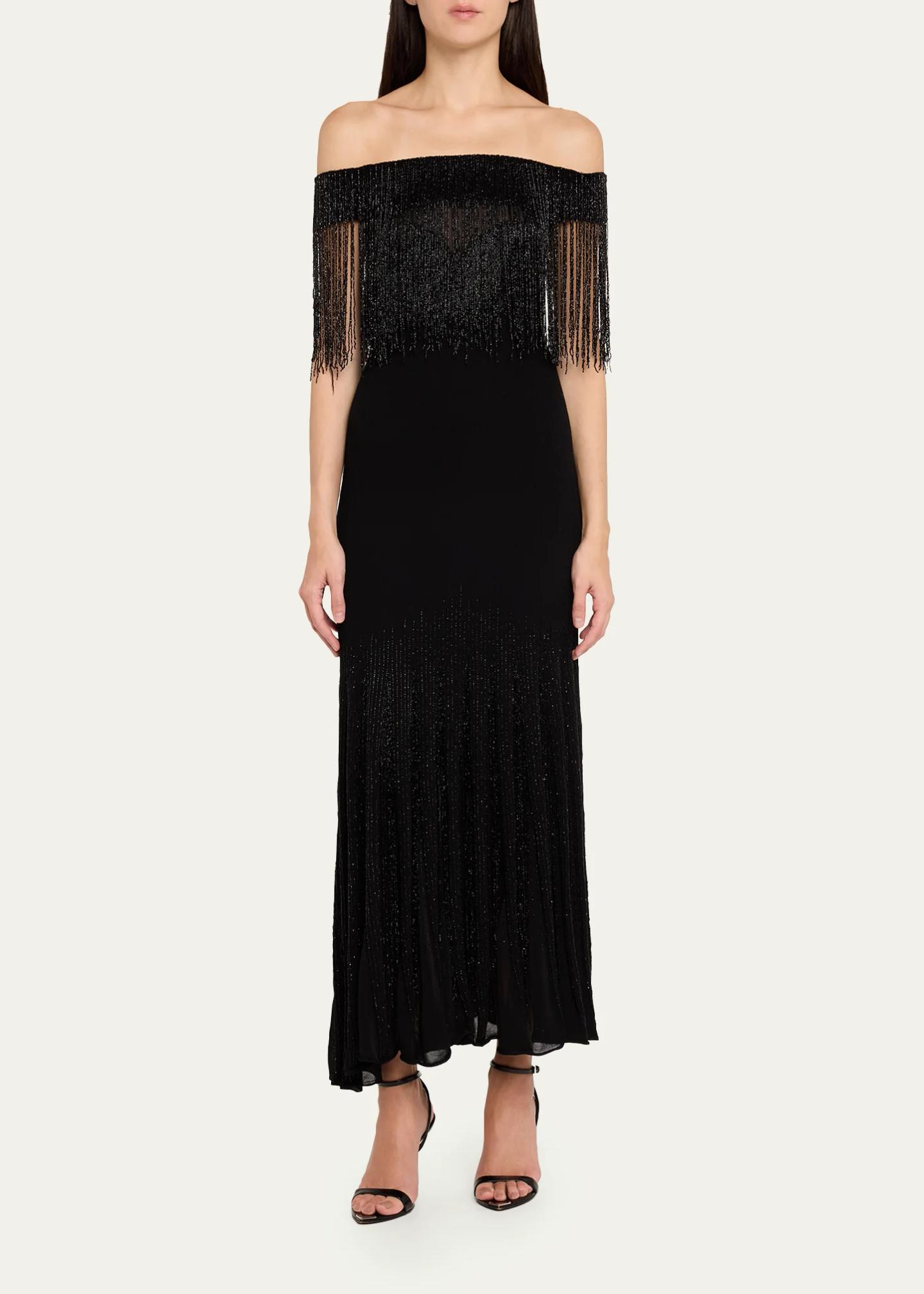 Oscar de la Renta Off-The-Shoulder Beaded Fringe Knit Midi Dress ...