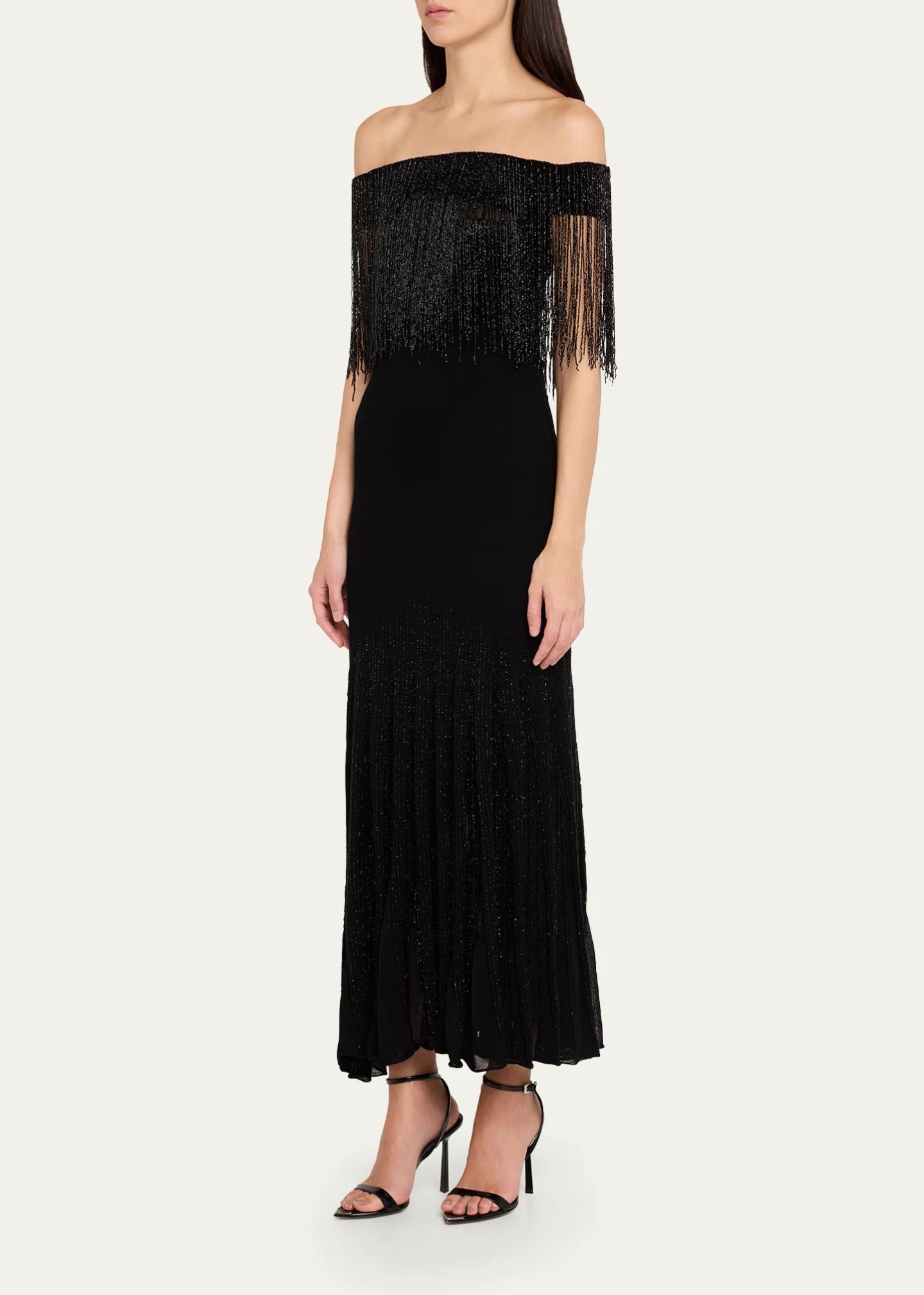 Oscar de la Renta Off-The-Shoulder Beaded Fringe Knit Midi Dress ...