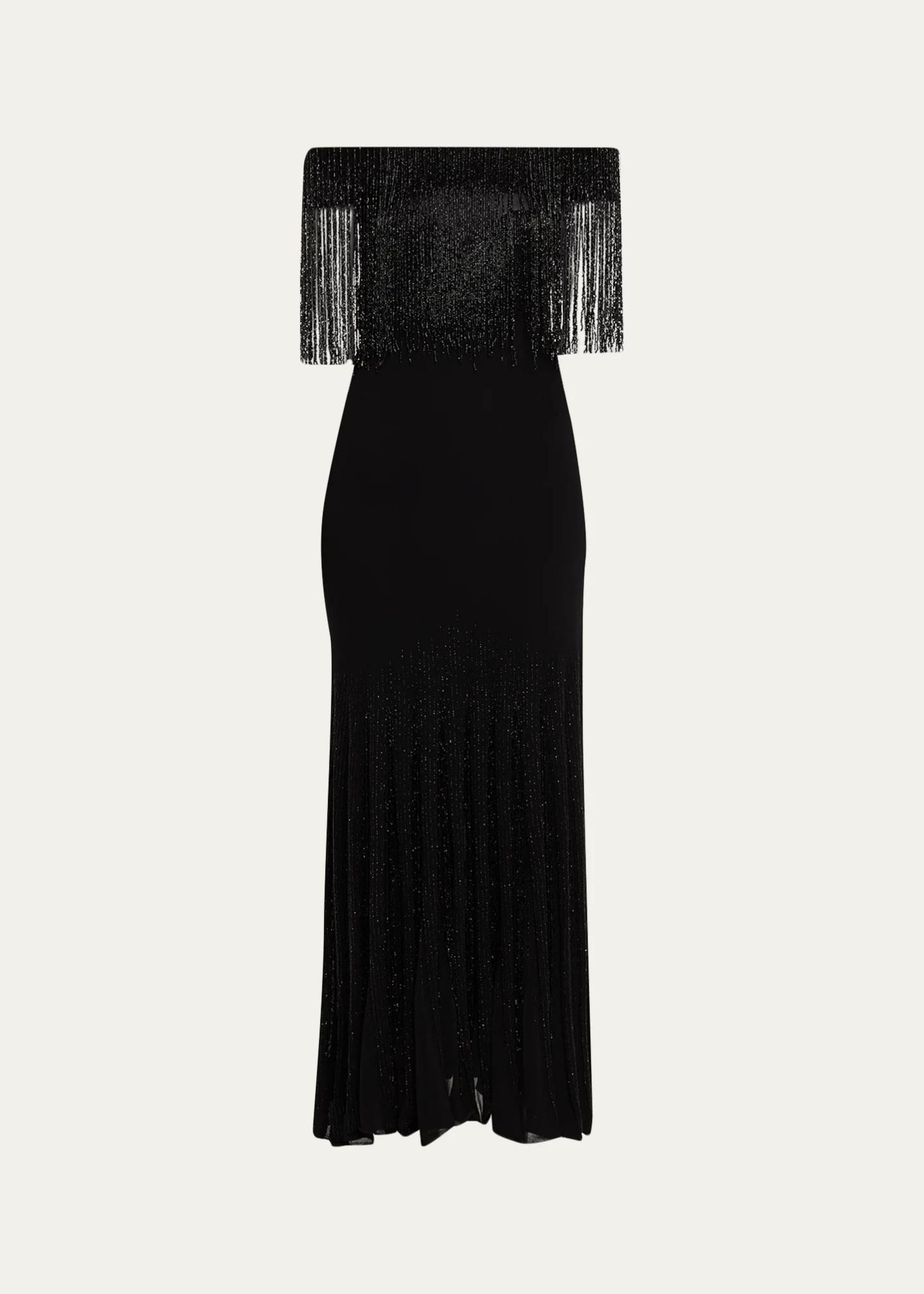 Oscar de la Renta Off-The-Shoulder Beaded Fringe Knit Midi Dress ...