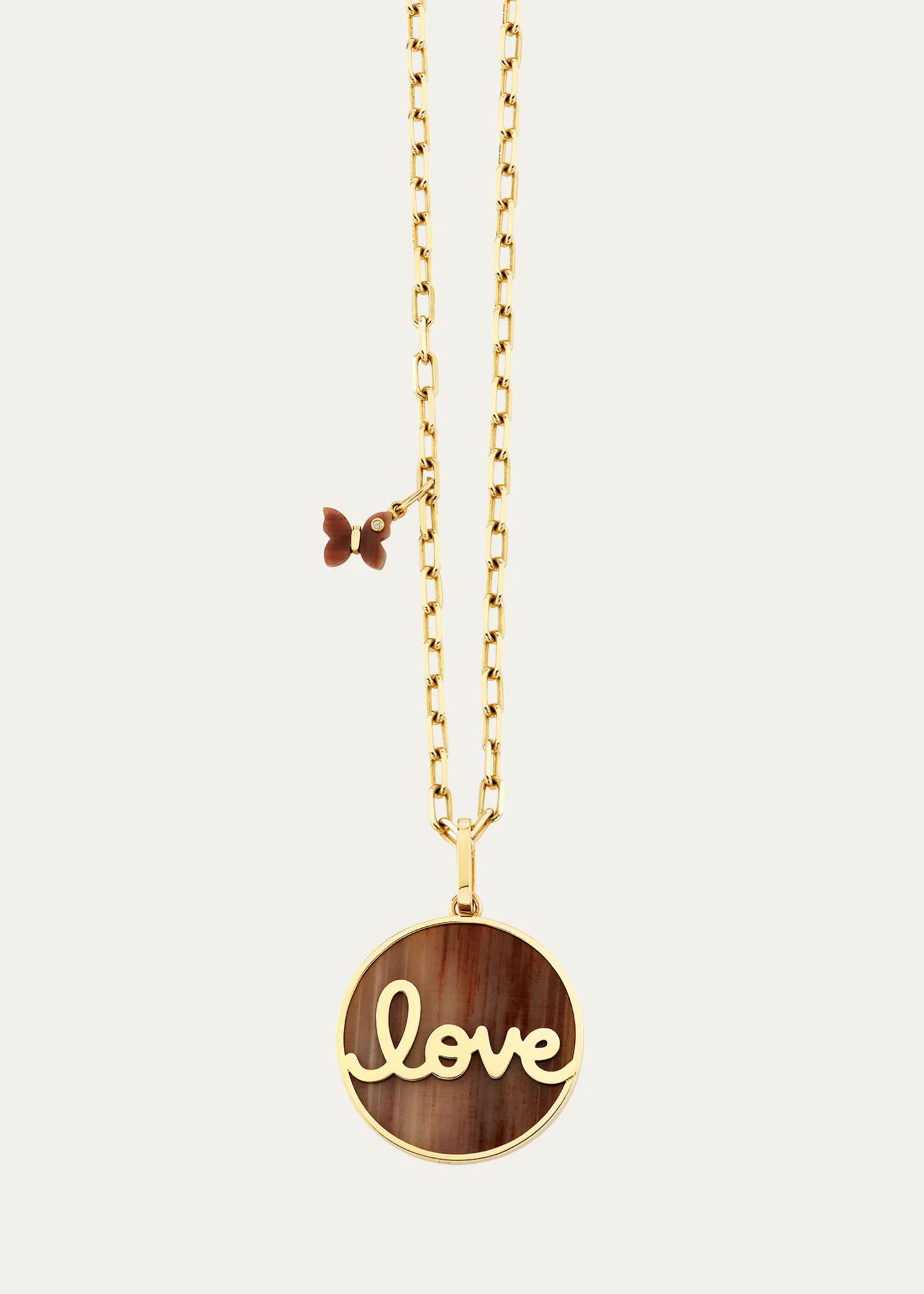 Sydney Evan 14K Yellow Gold Petrified Wood Love Script Necklace ...