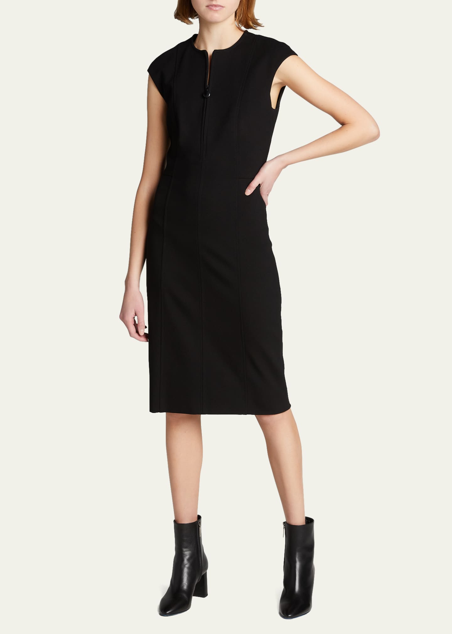Akris punto Cap-Sleeve Zip-Front Seamed Dress, Black