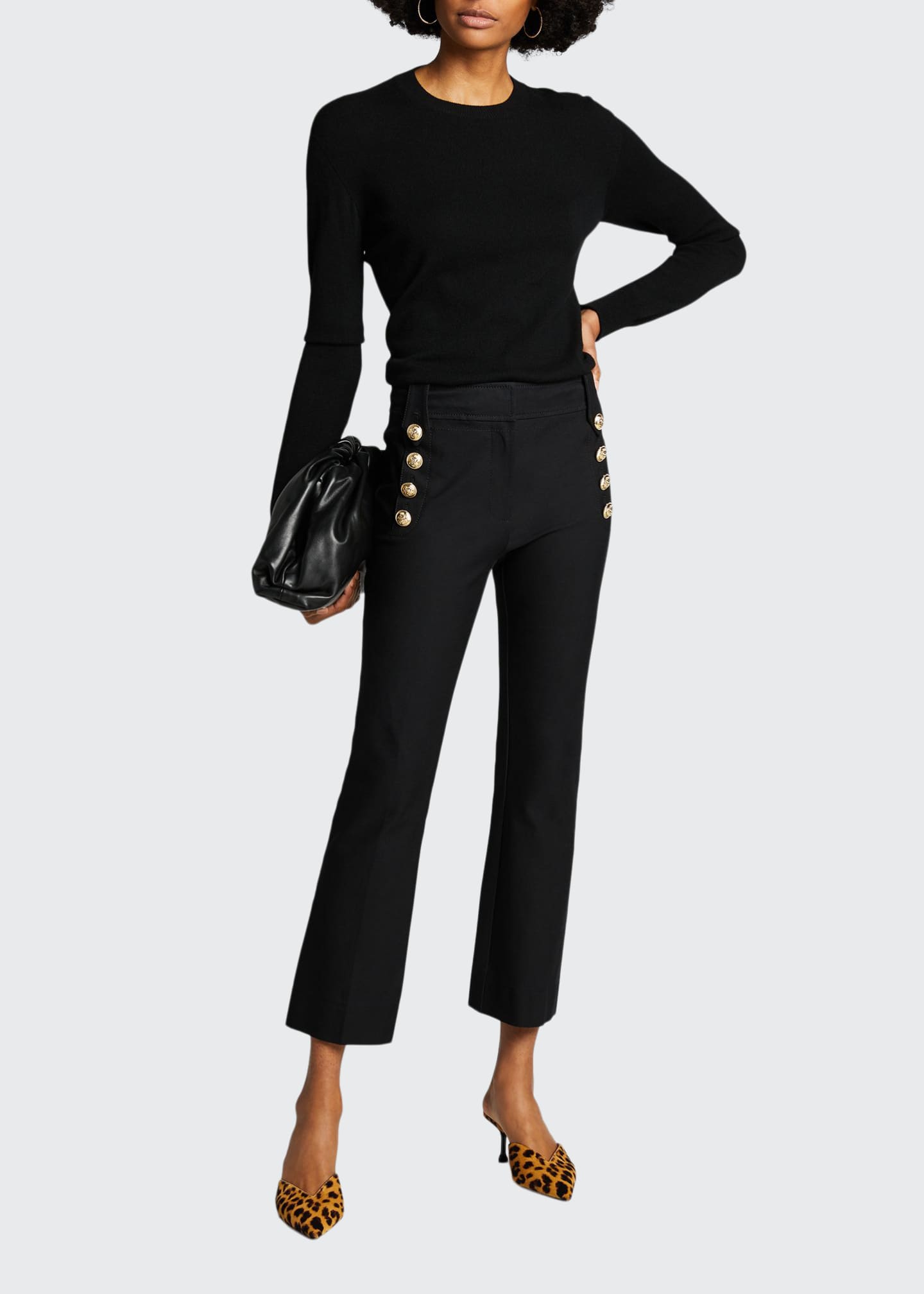 Derek Lam 10 Crosby Cropped Flare Trousers w/ Sailor Buttons, Midnight ...