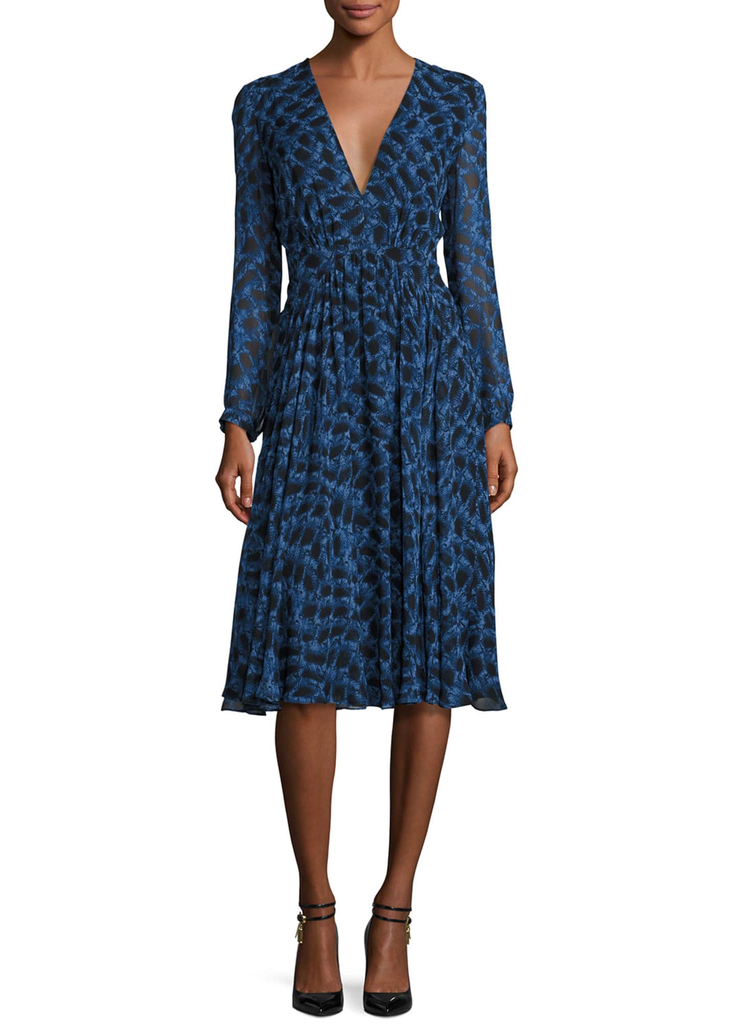 Derek Lam Long-Sleeve Python-Print Silk Dress, Blue Allium - Bergdorf ...