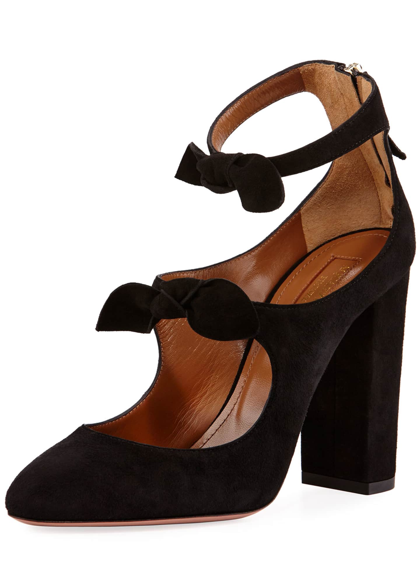 Aquazzura Karlie Embroidered Suede BlockHeel Pumps, Black