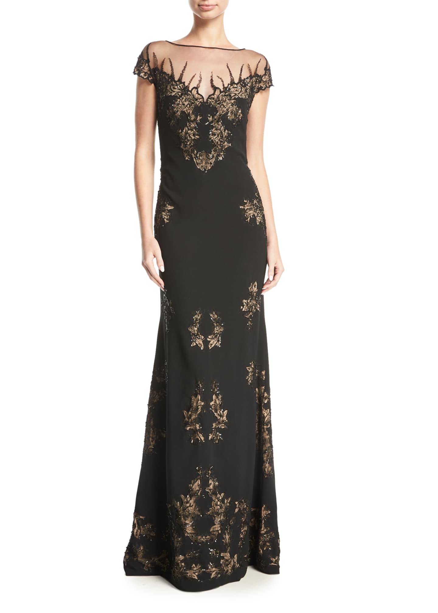 Marchesa Beaded Illusion Flutter-Sleeve Gown, Gold