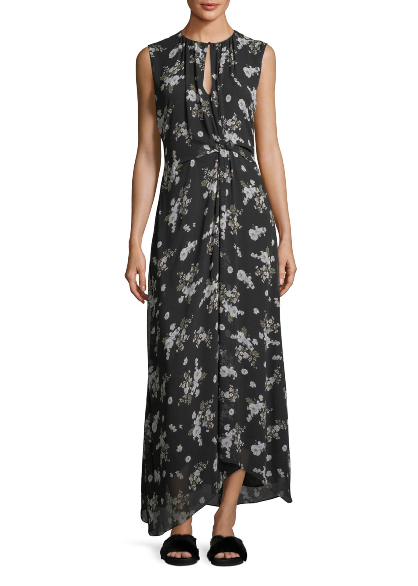 Tossed Floral Print Sleeveless Silk Maxi Dress