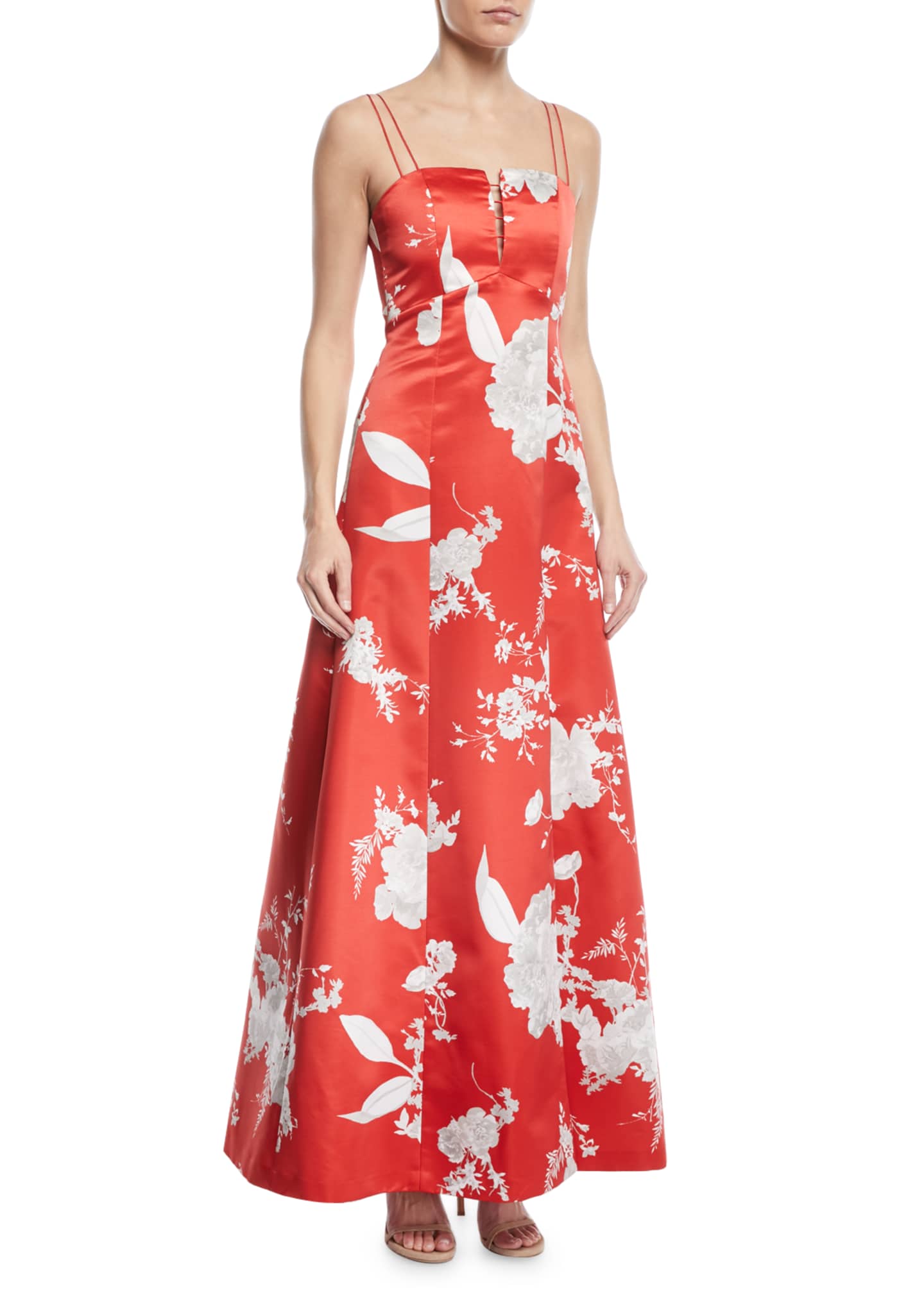 Monique Lhuillier Strapless Floral-Print Draped Evening Gown with Train