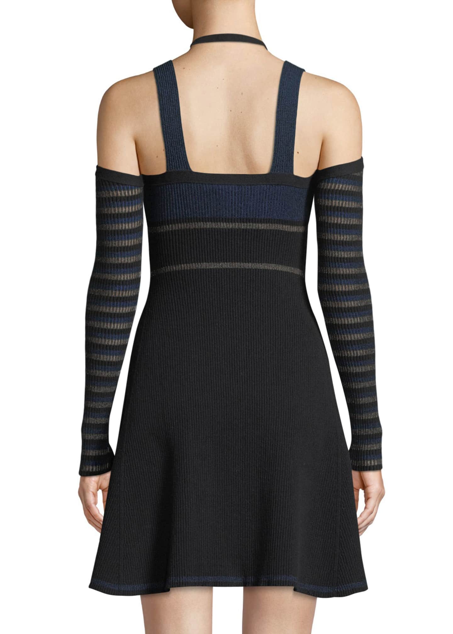 Striped Knit Fit and Flare Cold Shoulder Dress