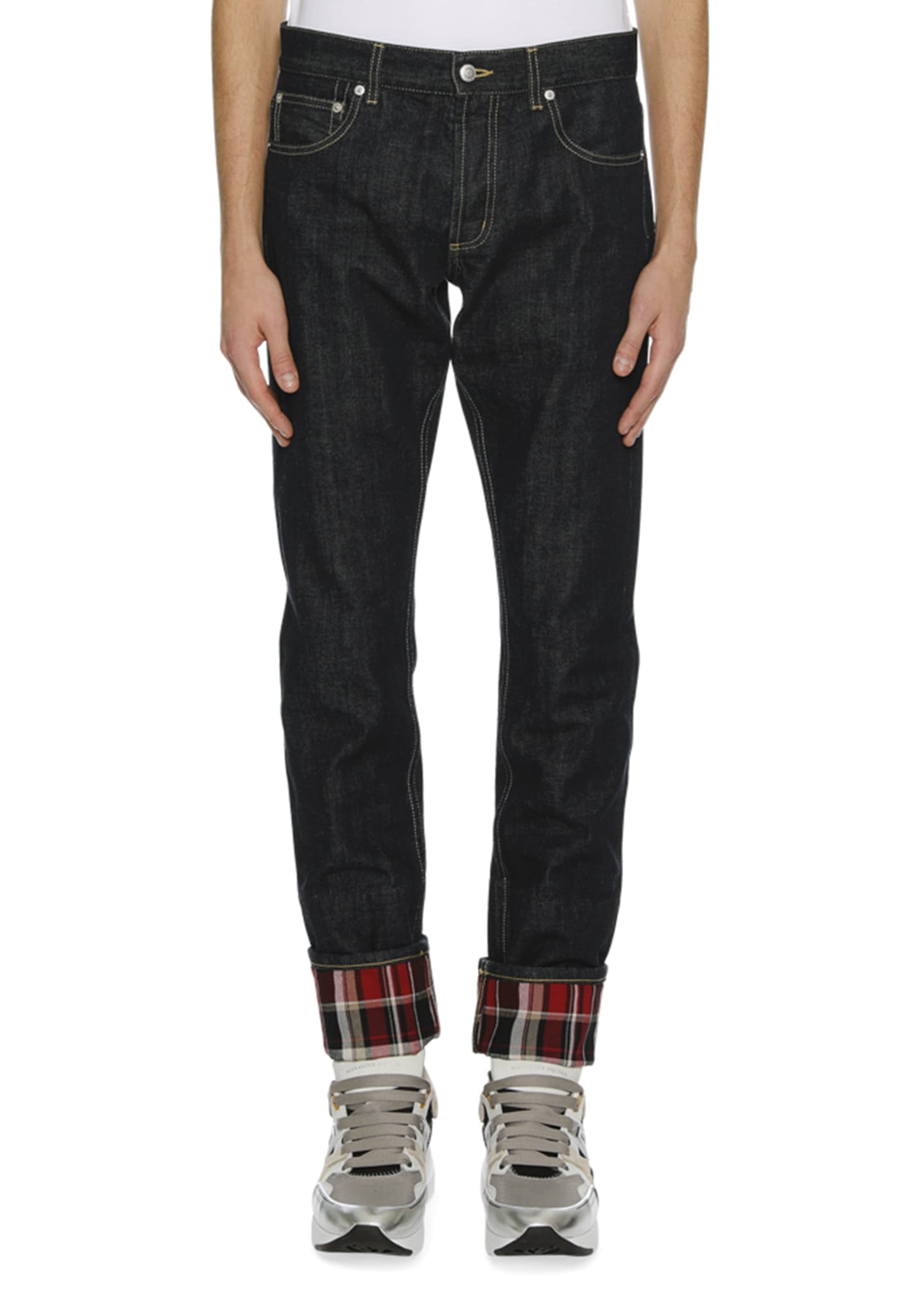 Men s Straight Leg Jeans with Plaid Cuffs