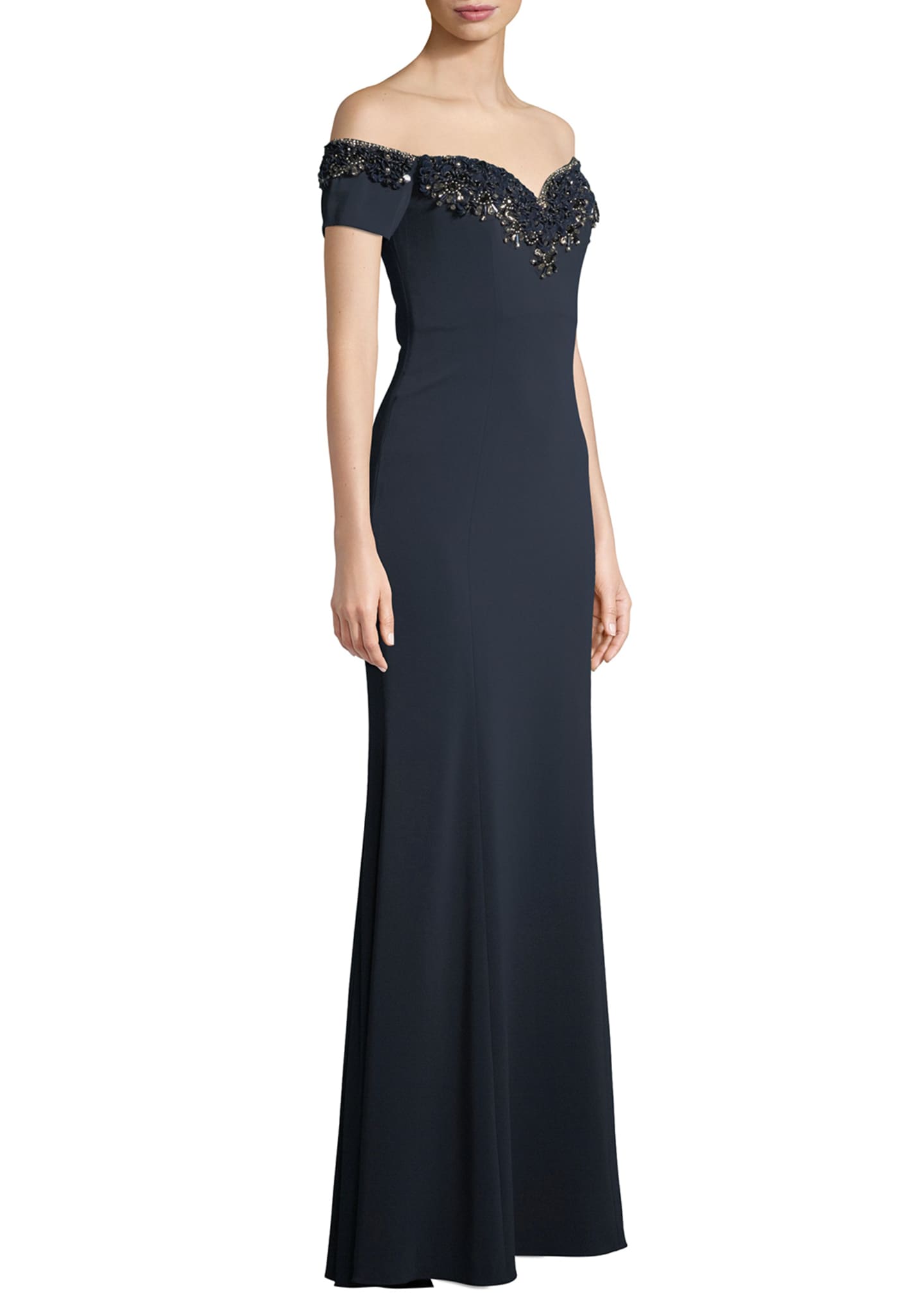 Badgley Mischka Collection Off-the-Shoulder Gown w/ Embellished Collar ...