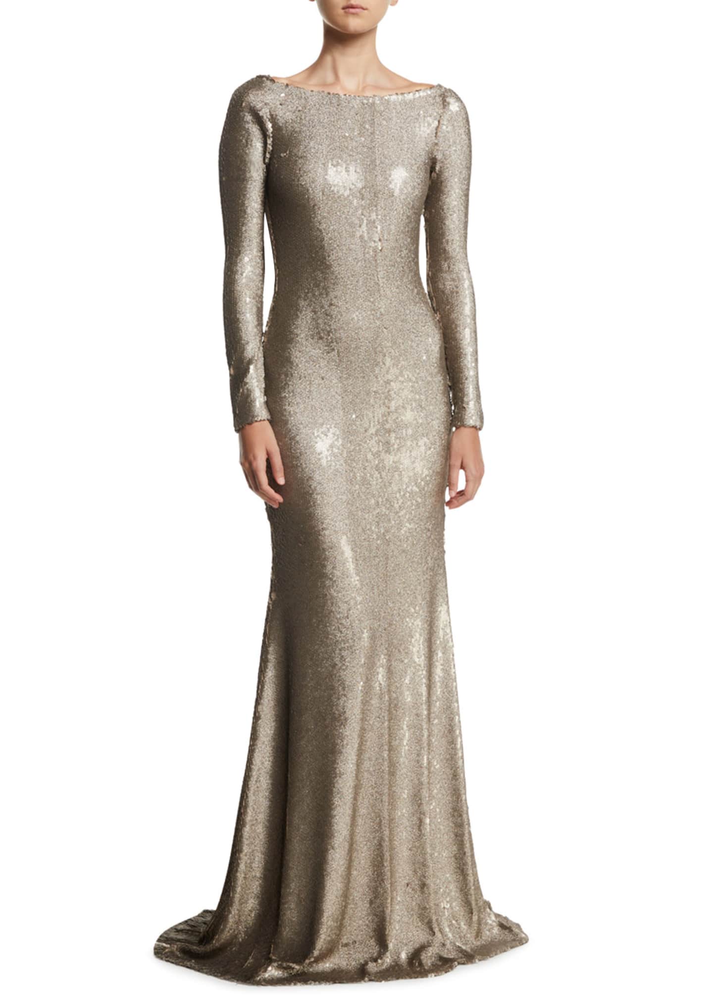 Naeem Khan Cowl-Back Boat-Neck Long-Sleeve Fitted Sequin Evening Gown ...