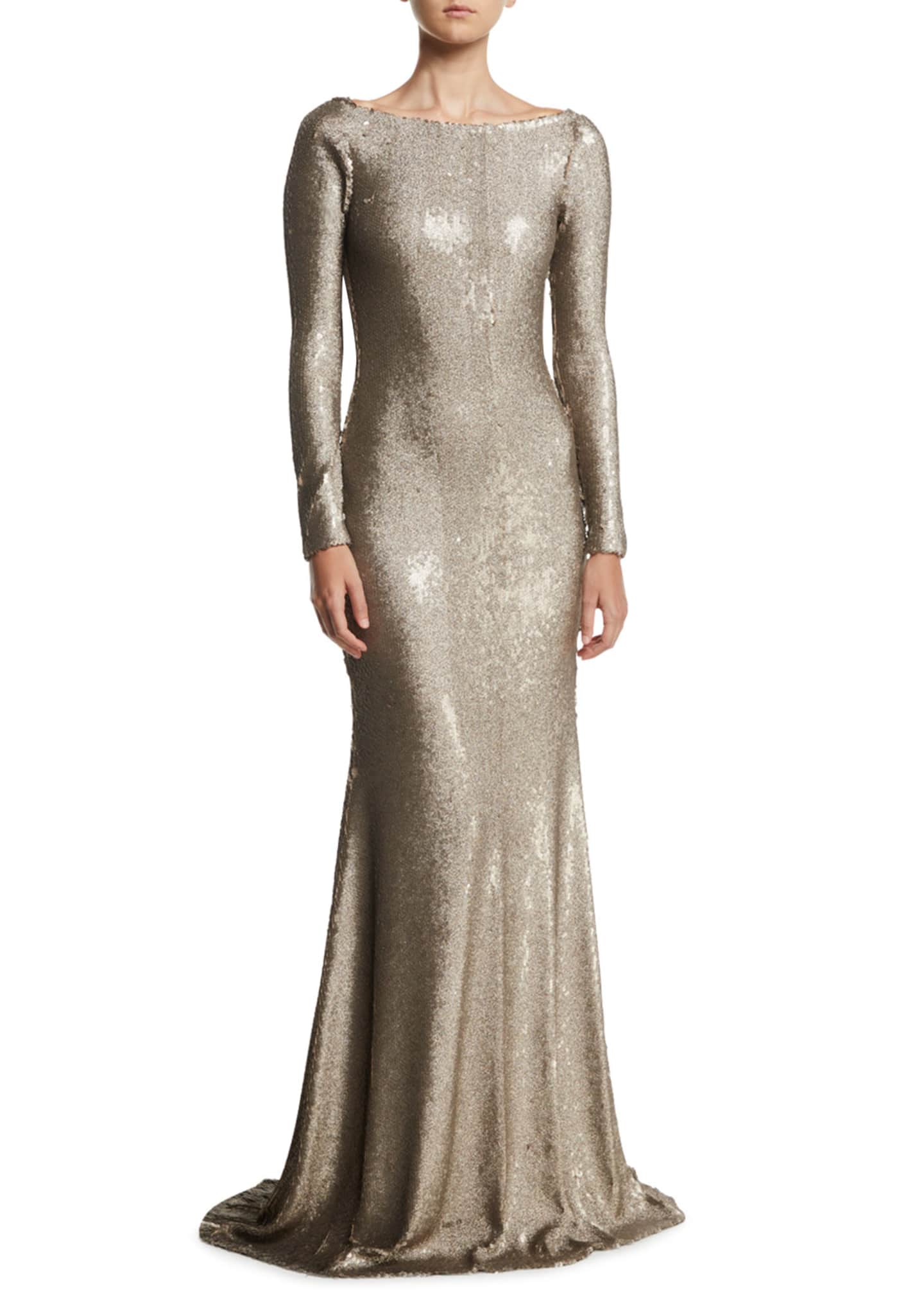 Naeem Khan CowlBack BoatNeck LongSleeve Fitted Sequin Evening Gown