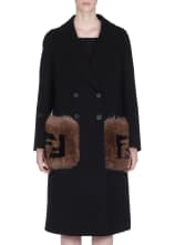 Fendi Double-Breasted Wool Coat w/ Logo-Fur Pockets and