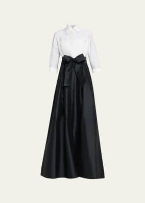 Two-Tone 3/4-Sleeve Taffeta Shirtdress Gown