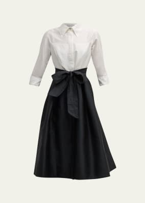 Two-Tone 3/4-Sleeve Taffeta Shirtdress