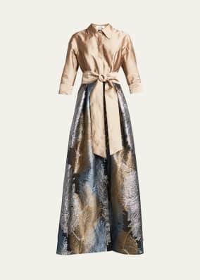 Taffeta Shirtdress w/ Feather Metallic Jacquard