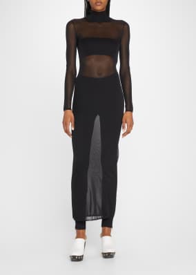 Long-Sleeve Turtleneck Sheer Maxi Dress