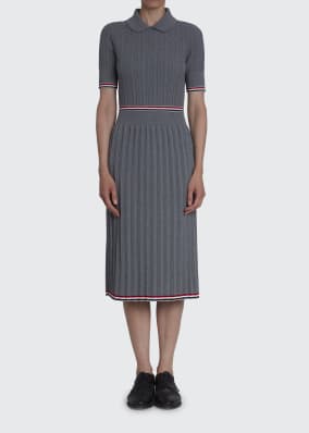 Pleated Cable-Knit Polo Midi Dress