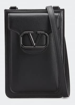 Men's V-Logo Leather Pouch Bag w/ Shoulder Strap