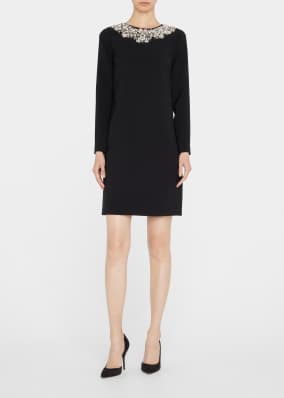 Crystal Embellished-Neck Mini Shift Dress