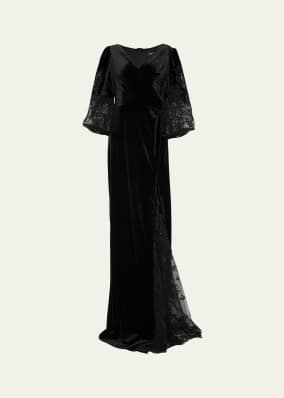 Velvet Lace-Embroidered Column Gown