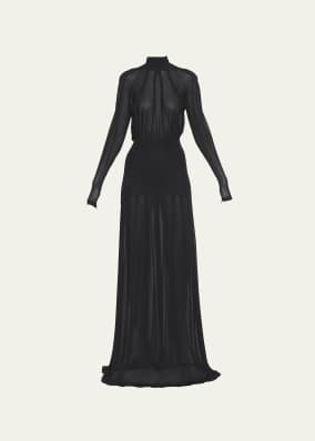 High-Neck Ruched Sheer Overlay Gown