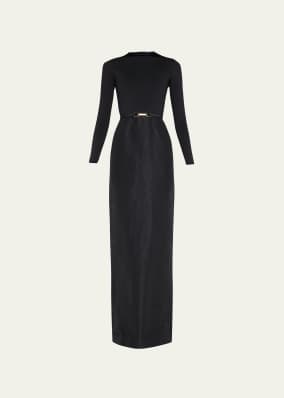 Nadeesha Long-Sleeve Sweater Column Belted Evening Gown