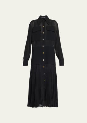 Sheer Pleated Button Down Flounce Dress